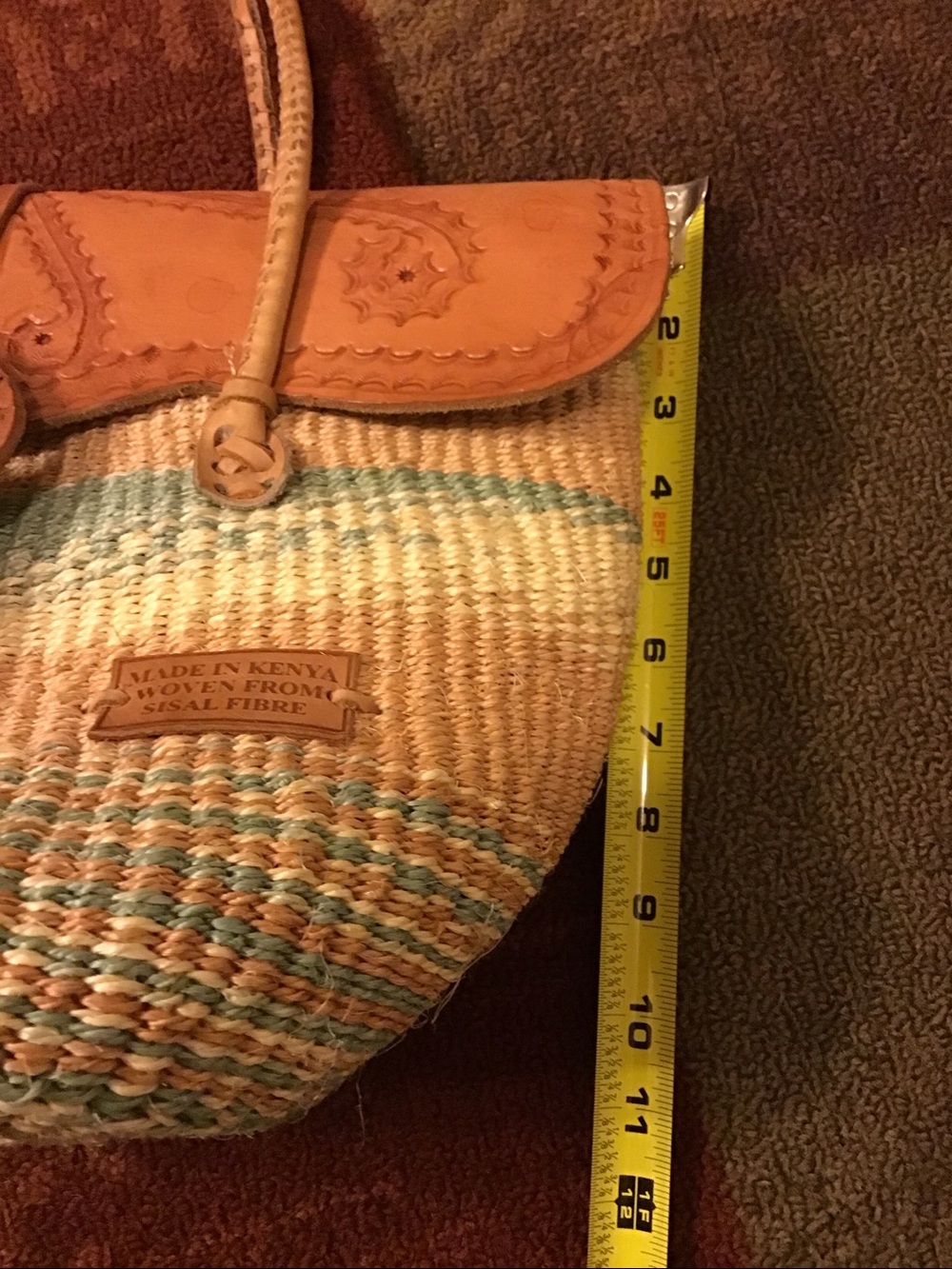 Made in Kenya Woven From Sisal Fibre Tote with Leather Trim - Tan & Green Coral - Picture 15 of 16